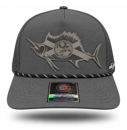 Gray sailfish performance rope hat with tonal gray patch, front view showing long-billed sailfish, Florida saltire and circular state-seal details