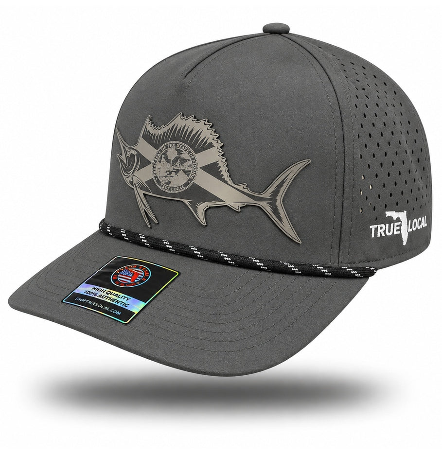 Gray sailfish performance rope hat with tonal gray patch, bill pointing left, perforated side panels and white True Local embroidery