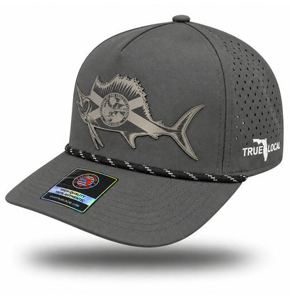 Gray sailfish performance rope hat with tonal gray patch, bill pointing left, perforated side panels and white True Local embroidery