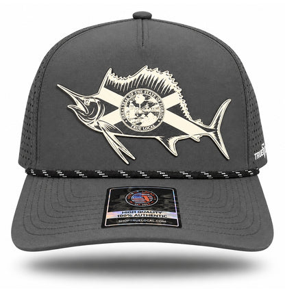 Gray sailfish performance rope hat with white patch, front view showing long-billed sailfish, Florida saltire and circular state-seal details