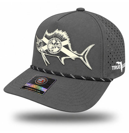Gray sailfish performance rope hat with white patch, bill pointing left, perforated side panels and white True Local embroidery
