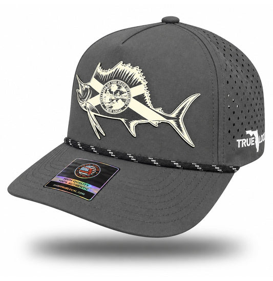 Gray sailfish performance rope hat with white patch, bill pointing left, perforated side panels and white True Local embroidery