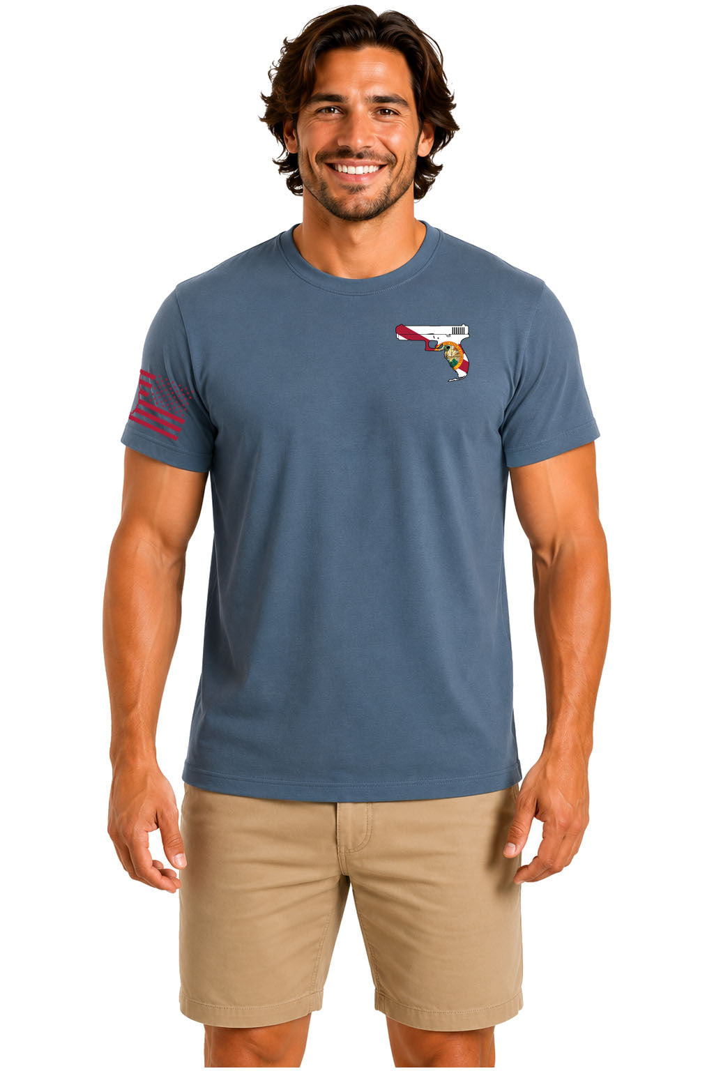True Local Gunshine State Florida pistol flag Steel Blue cotton t-shirt front view