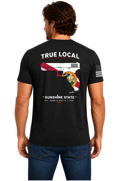 True Local Gunshine State Florida pistol flag black cotton t-shirt front view