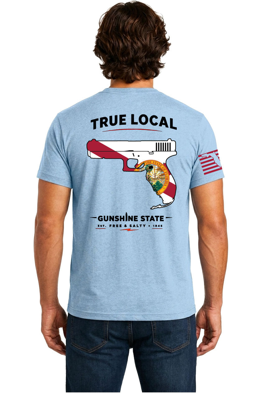 True Local Gunshine State Florida pistol flag Light Blue cotton t-shirt back view