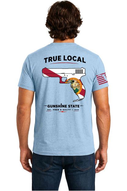 True Local Gunshine State Florida pistol flag Light Blue cotton t-shirt back view
