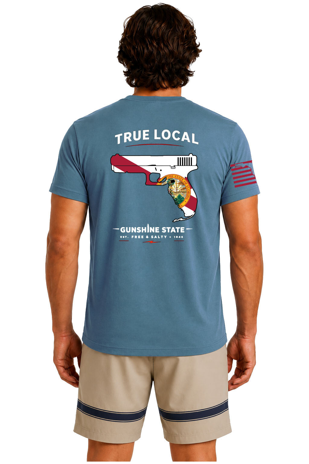 True Local Gunshine State Florida pistol flag Steel Blue cotton t-shirt back view