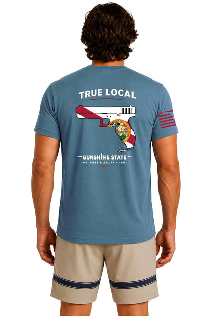 True Local Gunshine State Florida pistol flag Steel Blue cotton t-shirt back view