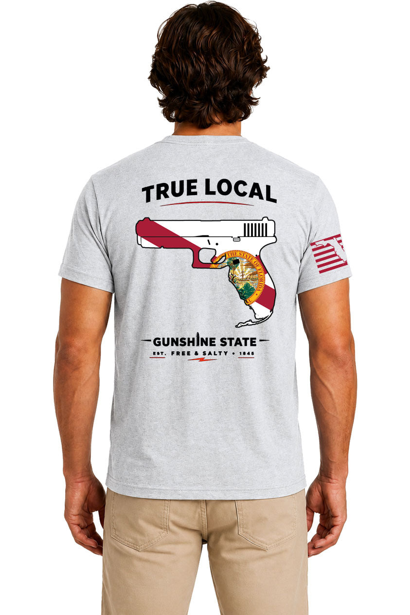 True Local Gunshine State Florida pistol flag Gray cotton t-shirt back view
