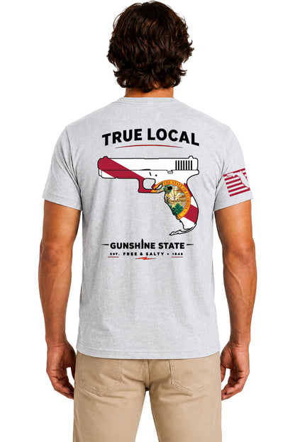 True Local Gunshine State Florida pistol flag Gray cotton t-shirt back view