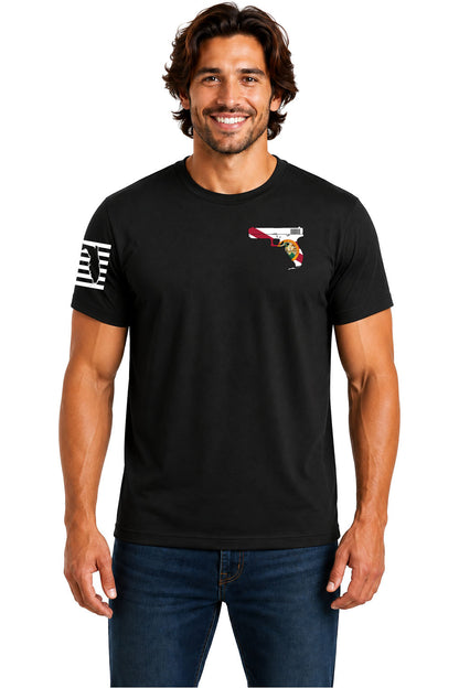 True Local Gunshine State Florida pistol flag black cotton t-shirt back view