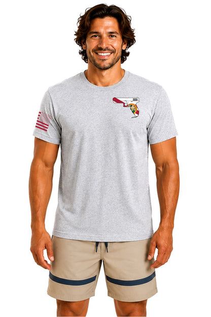 True Local Gunshine State Florida pistol flag Gray cotton t-shirt front view