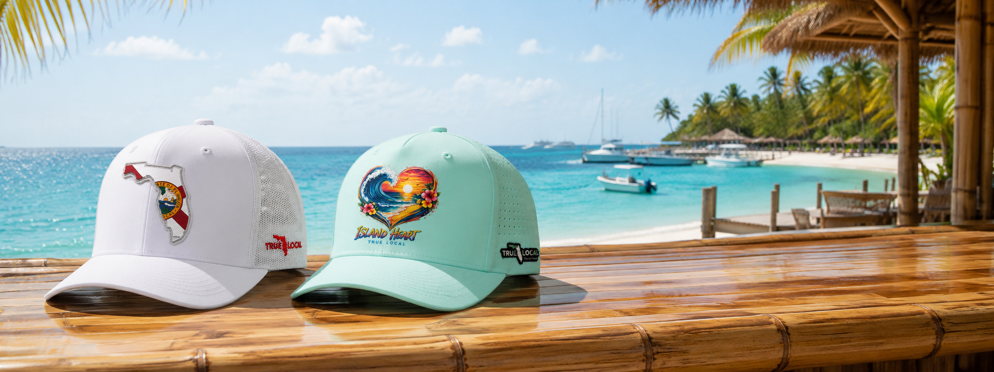 Island Heart True Local hats on tropical beach bar