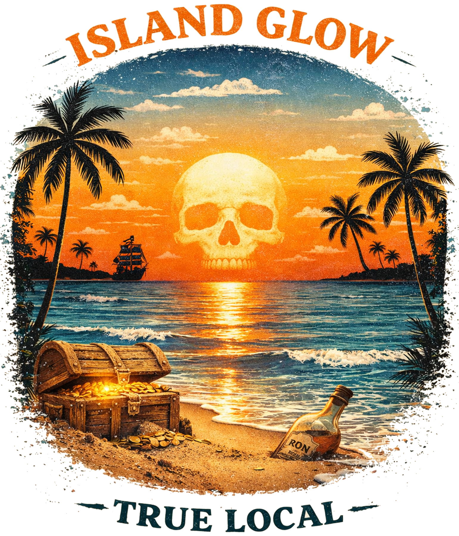 Island Glow UV Sticker – Pirate Skull Sunset Beach Decal