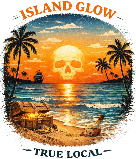 Island Glow UV Sticker – Pirate Skull Sunset Beach Decal