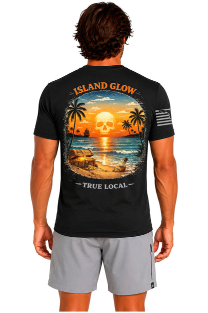 Black Skull Sunset Island Glow Tee back artwork - glowing pirate skull sunset beach scene