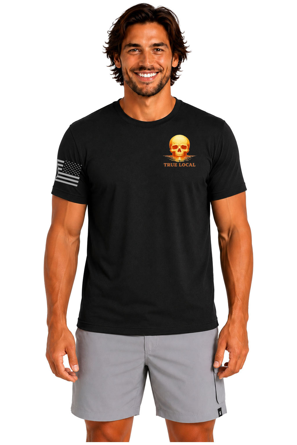 Black Skull Sunset Island Glow Tee front - True Local chest logo