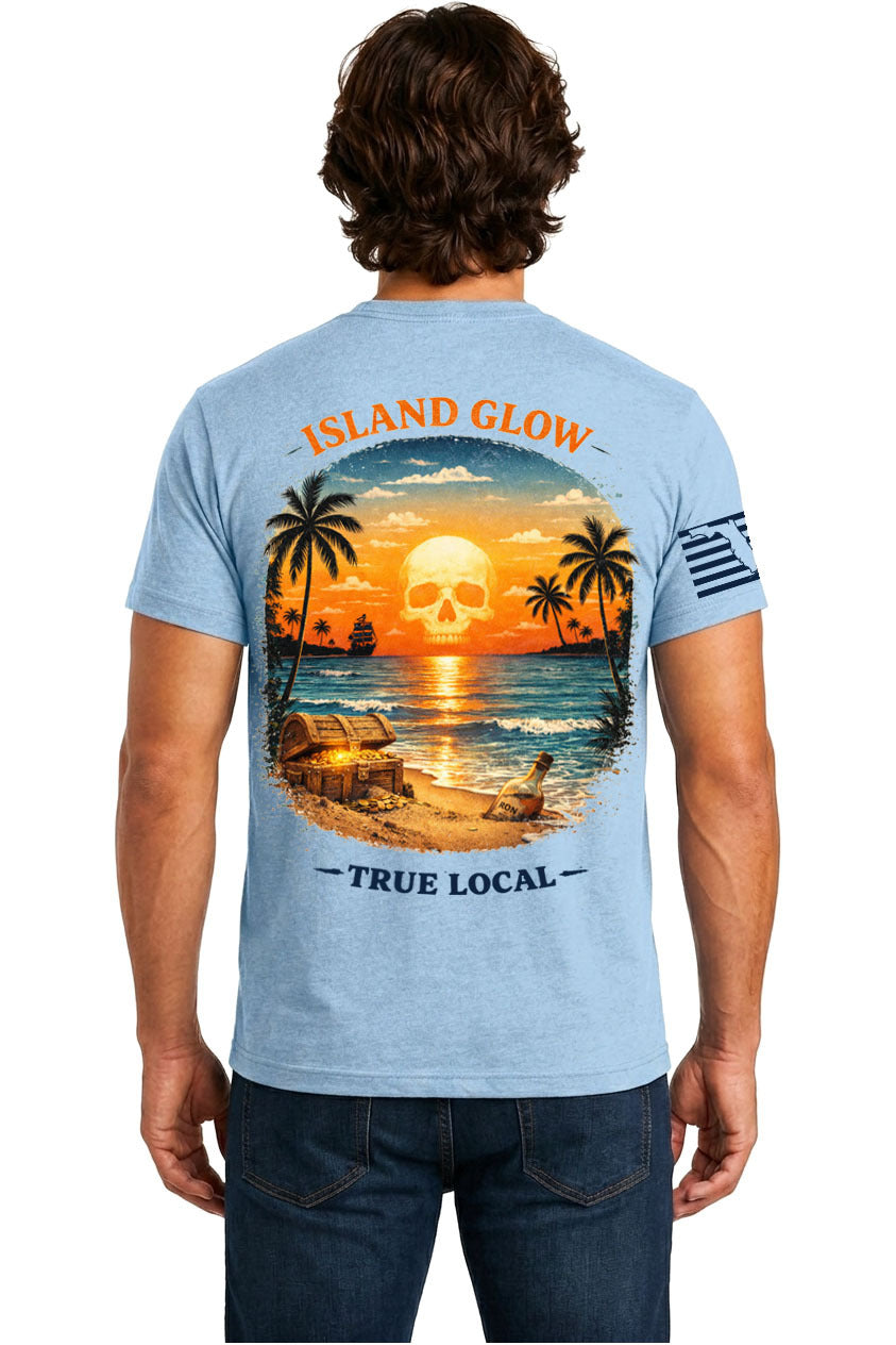 Light Blue Skull Sunset Island Glow Tee back artwork - glowing pirate skull sunset beach scene