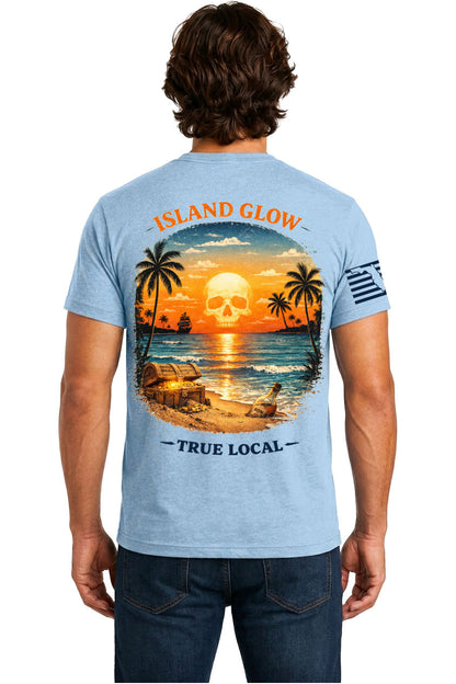 Light Blue Skull Sunset Island Glow Tee back artwork - glowing pirate skull sunset beach scene