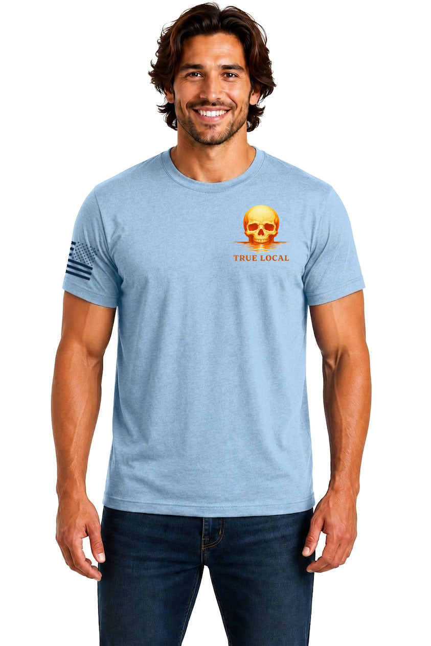 Light Blue Skull Sunset Island Glow Tee front - True Local chest logo