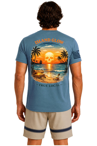 Steel Blue Skull Sunset Island Glow Tee back artwork - glowing pirate skull sunset beach scene