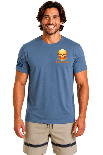 Steel Blue Skull Sunset Island Glow Tee front - True Local chest logo