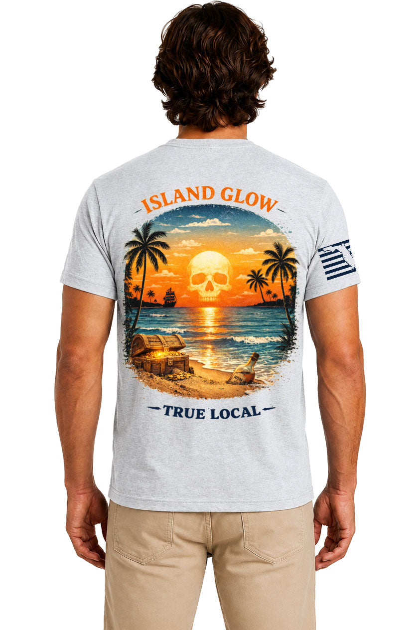 Gray Skull Sunset Island Glow Tee back artwork - glowing pirate skull sunset beach scene