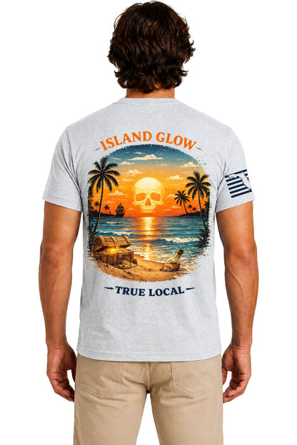 Gray Skull Sunset Island Glow Tee back artwork - glowing pirate skull sunset beach scene