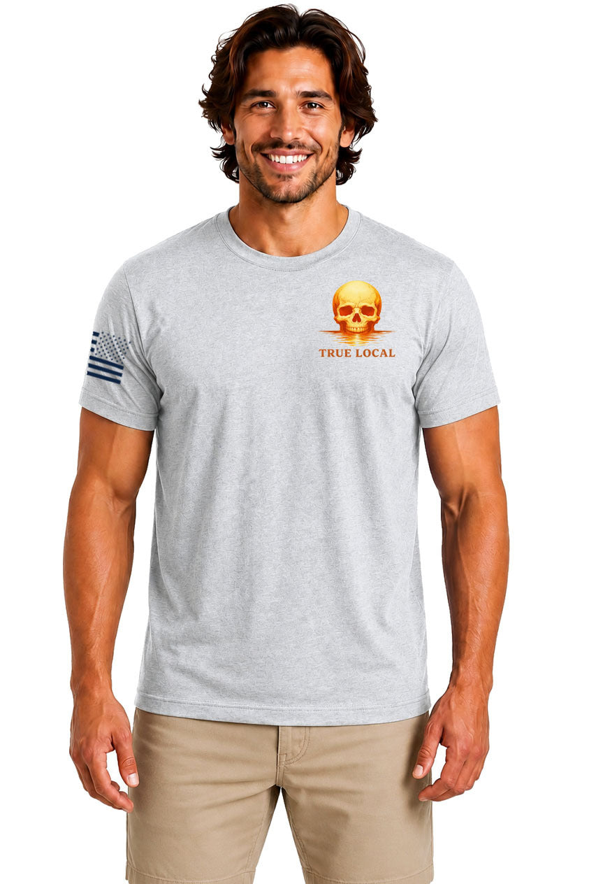 Gray Skull Sunset Island Glow Tee front - True Local chest logo