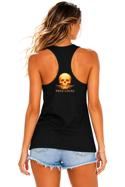 Black Skull Sunset Island Glow Racerback Tank back - True Local skull logo