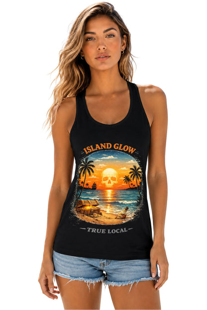 Black Skull Sunset Island Glow Racerback Tank front - glowing pirate skull sunset beach scene