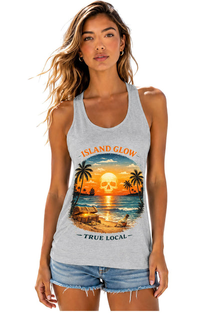 Gray Skull Sunset Island Glow Racerback Tank front - glowing pirate skull sunset beach scene