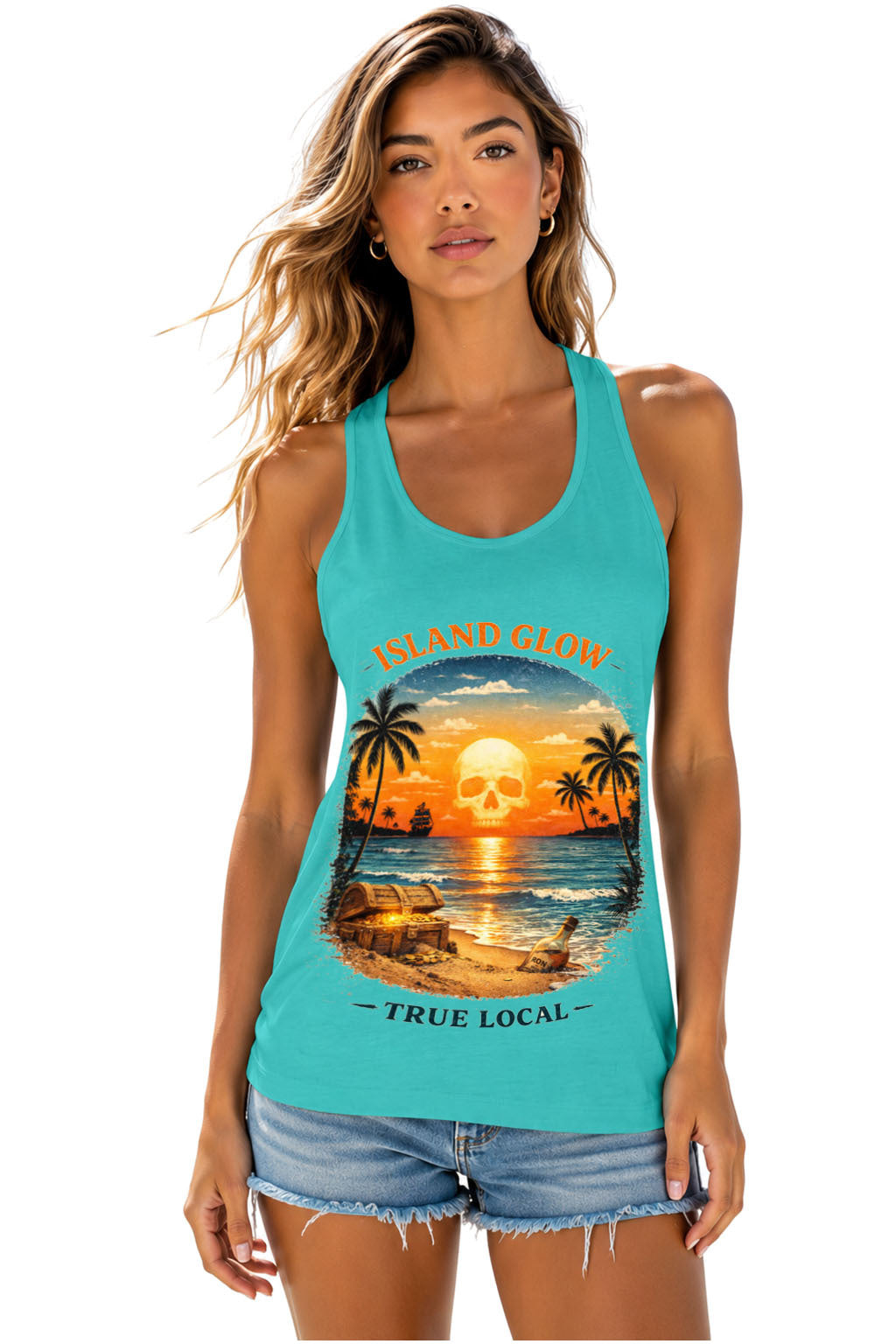 Teal Skull Sunset Island Glow Racerback Tank front - glowing pirate skull sunset beach scene