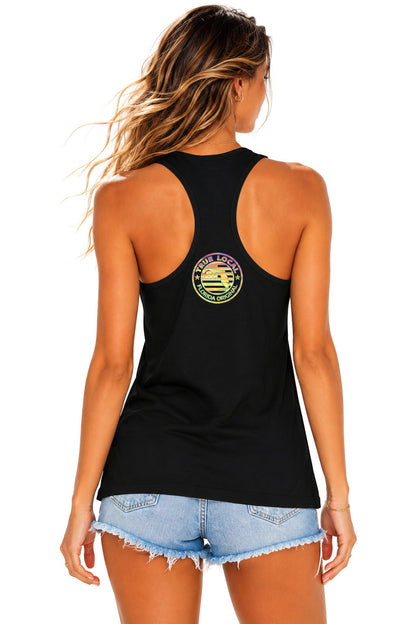 True Local Women's Racerback Island Heart Tank Top – Tropical Ocean Wave – Black
