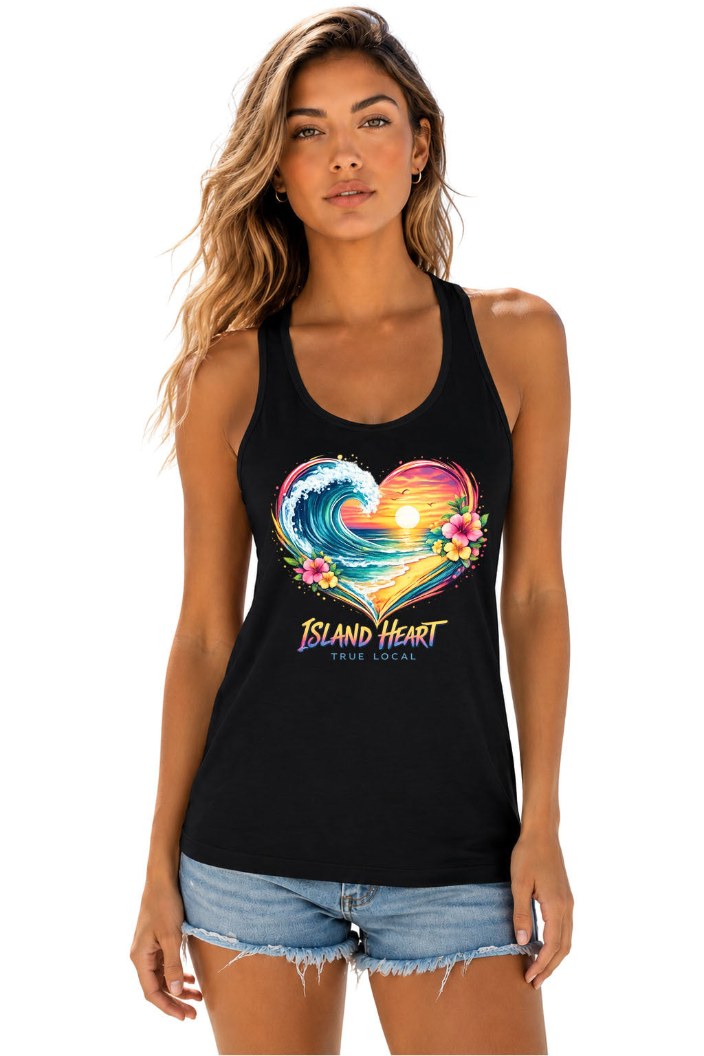 True Local Women's Racerback Island Heart Tank Top – Tropical Ocean Wave – Black