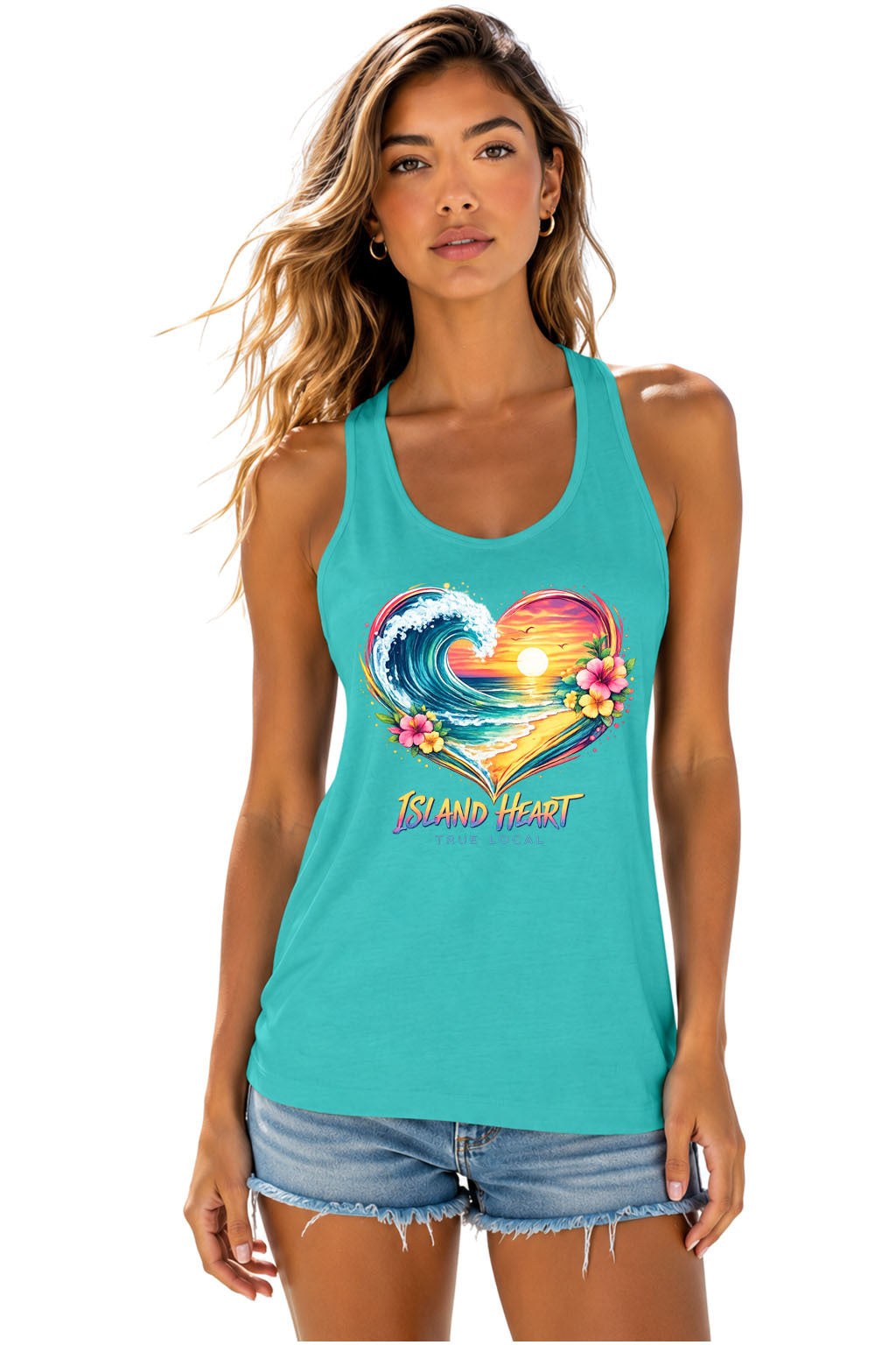 True Local Women's Racerback Island Heart Tank Top – Tropical Ocean Wave – Teal