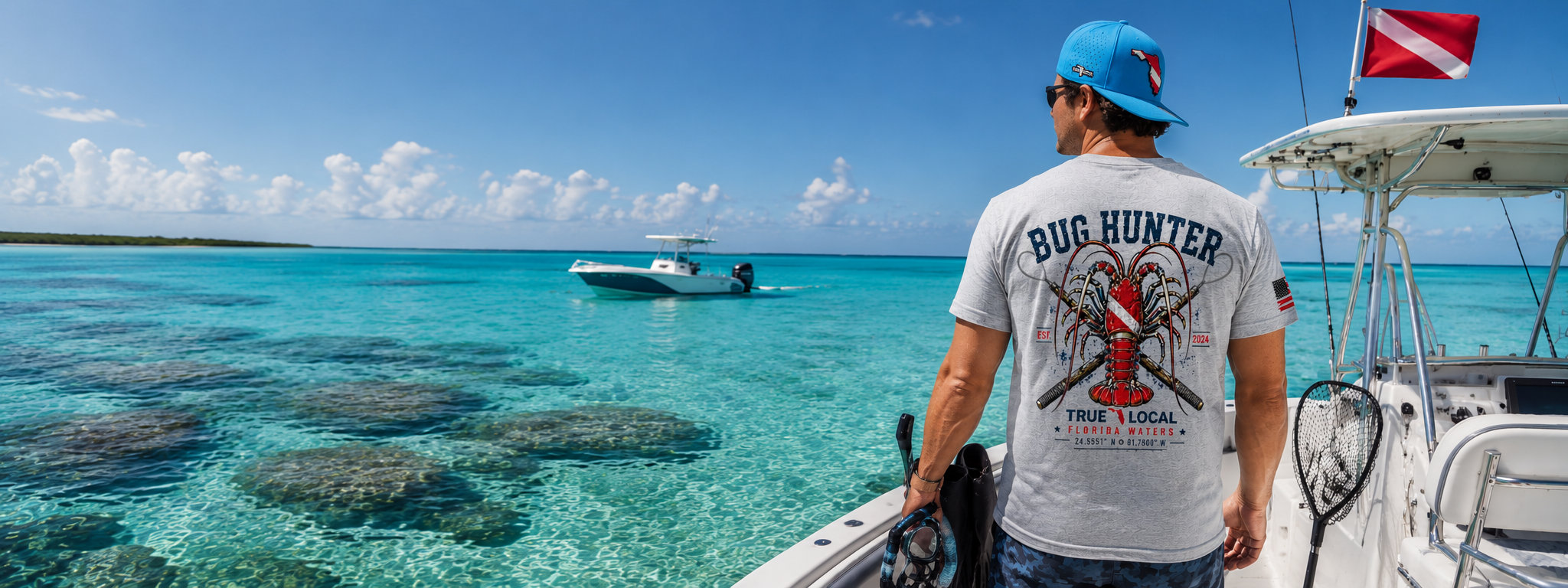 Lobster Season Hero - Bug Hunter Tee on boat in Florida Keys turquoise water