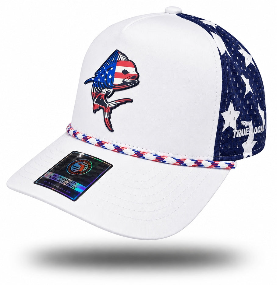 Mahi mahi stars and stripes rope hat side view with white crown, American flag fish artwork and navy perforated stars panel