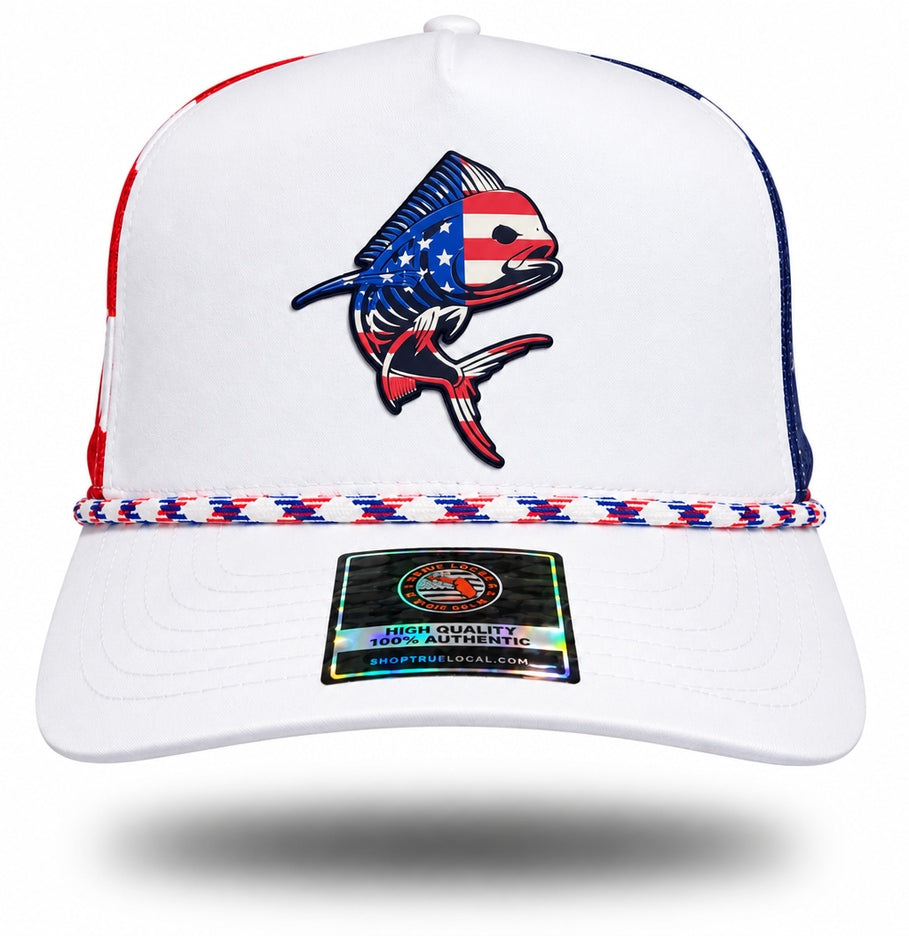 White mahi mahi stars and stripes rope hat front with American flag fish artwork and red white and blue rope