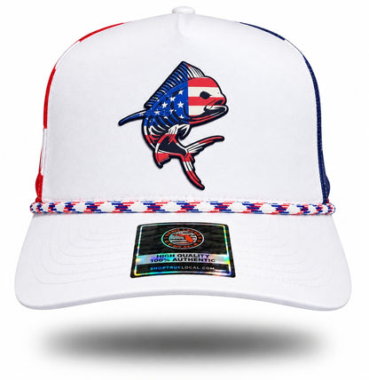 White mahi mahi stars and stripes rope hat front with American flag fish artwork and red white and blue rope