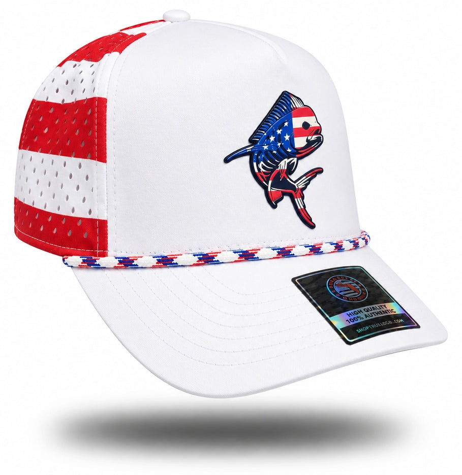 Mahi mahi rope hat opposite side showing red and white striped perforated panel, white brim and braided patriotic rope