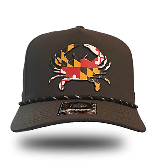 Black trucker hat with Maryland flag crab design, bold local pride apparel