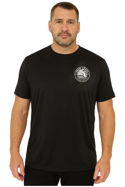 Man wearing black Florida Original t-shirt with True Local circular logo, showcasing local pride apparel.