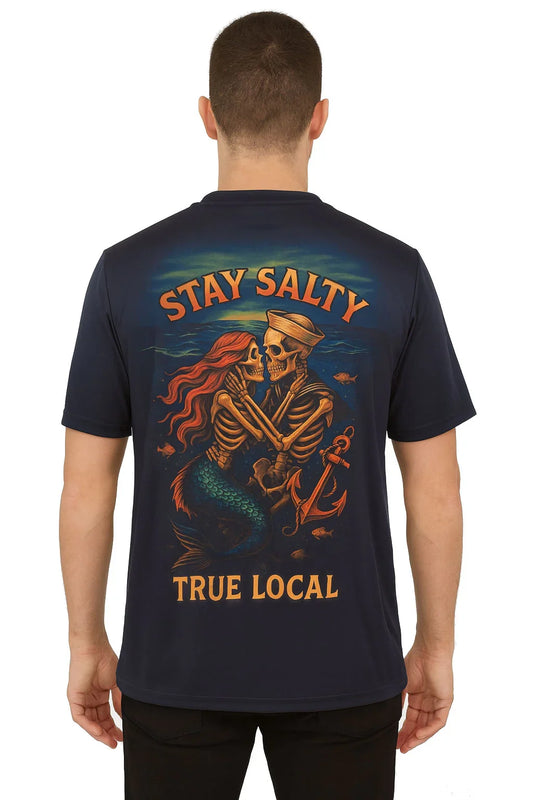 Stay Salty mermaid and sailor skeleton graphic tee, True Local Florida apparel