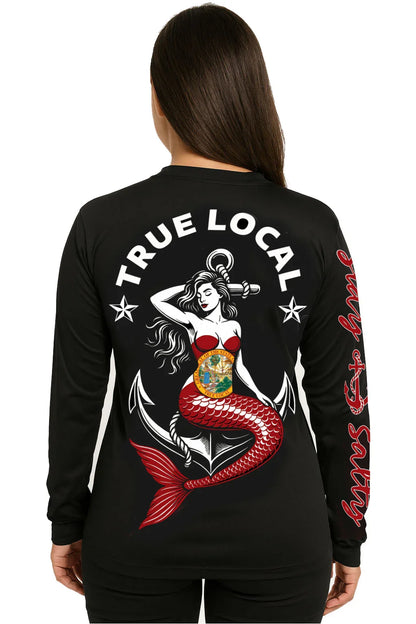 Black long sleeve shirt with mermaid, anchor, and 'True Local' graphic, Florida-themed apparel
