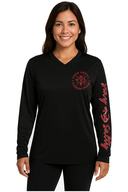 Black long sleeve V-neck shirt with 'True Local Florida Proud' graphic and 'Salty & Sweet' sleeve text