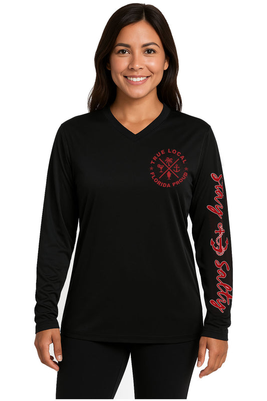 True Local Women’s V-Neck Dri-Fit Performance Long Sleeve – Florida Mermaid & Anchor (Black)