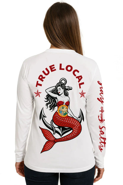 White long sleeve shirt with red mermaid graphic, 'TRUE LOCAL' text, and Florida seal, back view