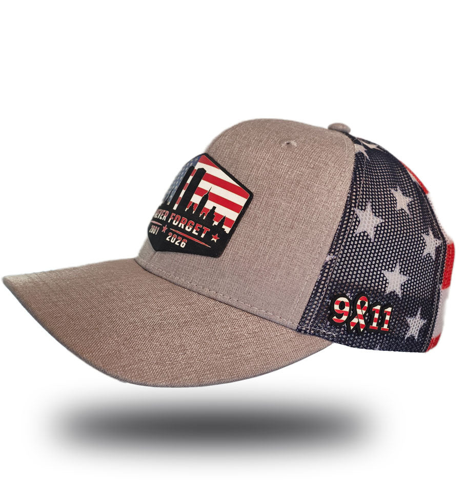 Never Forget 9/11 Memorial Trucker Hat left side view - stars and stripes mesh with 9/11 embroidery