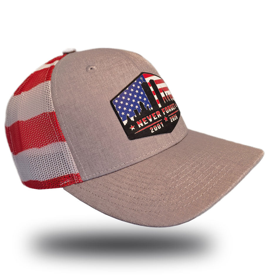 Never Forget 9/11 Memorial Trucker Hat right side view - red and white striped mesh back
